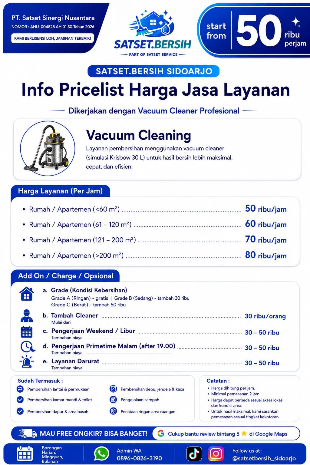 Pricelist general cleaning with vacuum cleaner profesional